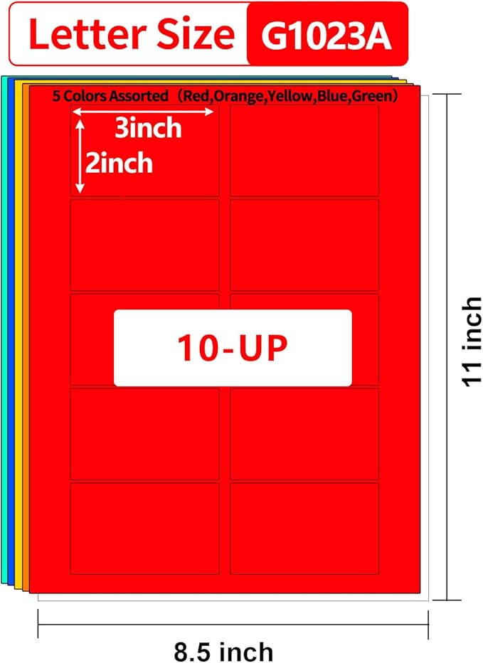 Colored Labels Printable 2"×3",Neon Moving Label Stickers for Printer,Color Coding Labels 3×2 inch,5 Colors Assorted(Red,Orange,Yellow,Blue,Green),250 Colorful Labels Pack ﻿