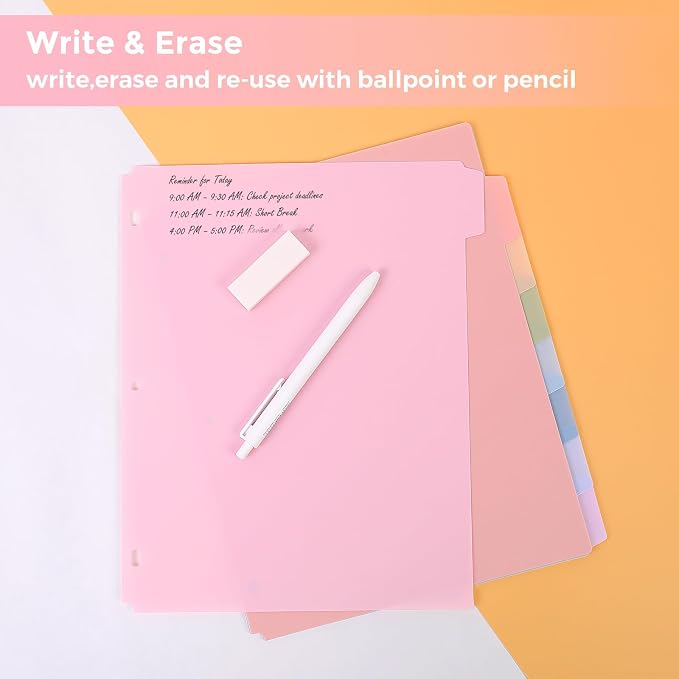 SKYDUE 8-Tab Write&Erase Plastic Dividers for 3 Ring Binder, 3sets,Pink | Binder Dividers for Letter Size,Divider Organizers for Student, Teacher, College & Office,Aesthetic Pastels School Supplies