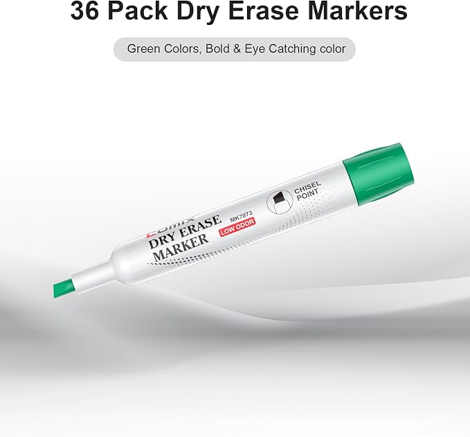 Comix Dry Erase Marker, Chisel Tip Whiteboard Markers, 36 Count Green Color | Low Odor, Non-toxic, Smooth Writing, Easy to erase, Suitable for Classroom, Teachers, Office, School Supplies