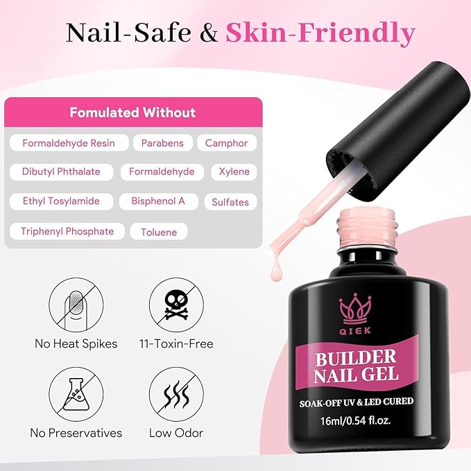Gel Nail Polish Builder, 8-in-One Builder Pink Nail Polish Strengthener Glue Apex Enhancement Extension Hard Building Nude Gel LED Lamp Cured Rubber Base Coat for DIY Beginner & Salon Manicure