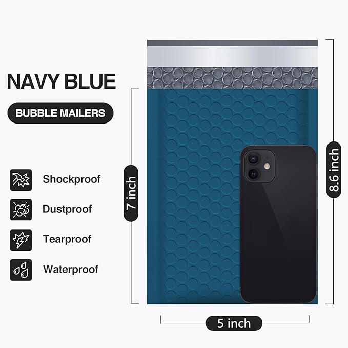 UCGOU Bubble Mailers 5x8.6 Inch Usable Size 5x7 Inch Navy Blue 100 Pack Padded Envelopes Small Business Mailing Packages Self Seal Adhesive Waterproof Shipping Bags for Jewelry Makeup Supplies