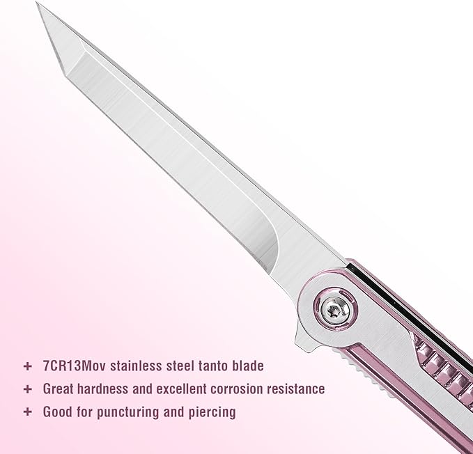 Pink Pocket Knife for Women - Slim EDC Knife with 7CR13Mov Steel Tanto Blade, Clip and Glass Breaker - Womens Knife for Self Defense - Cute Girl Survival Tool Pocket & Folding Knives
