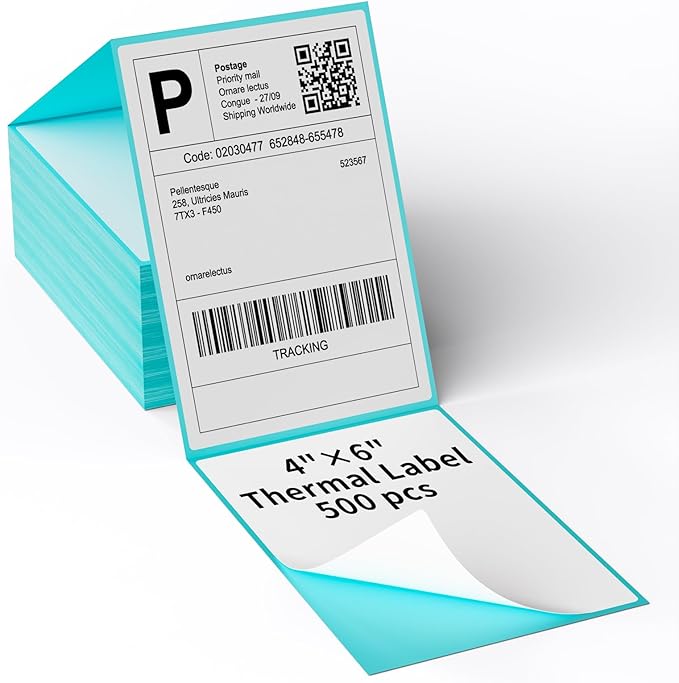 MFLABEL 4x6 Direct Thermal Labels (500 Labels) 4" x 6" Perforated Shipping Labels Compatible with Zebra Printers Fanfold Thermal Label Stickers for Shipping Packages - 1 Stacks Blue Labels