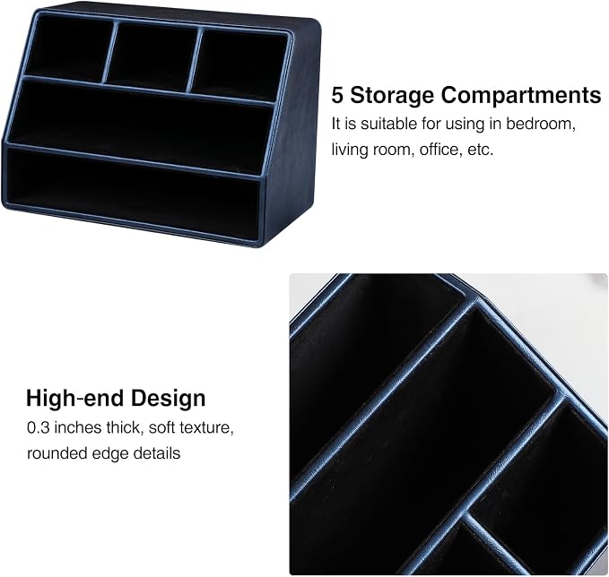 PU Leather Desk Organizer, Remote Control Holder, Dark Blue | Luxury Nightstand Organizer for Home, Office Desk Accessories, Bedside Table Caddy with 5 Compartments, Velvet Lining