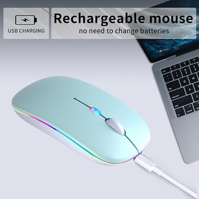 Wireless Bluetooth Mouse – Rechargeable, Silent, Dual Mode (Bluetooth 5.2 & USB) with LED Lights – Portable for Laptop, Desktop, & Tablet(Green)