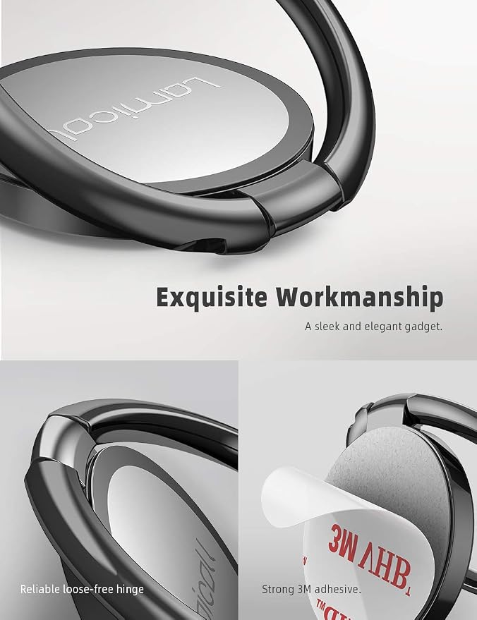 Lamicall Phone Ring Holder - [Upgraded Zinc Alloy] Finger Ring Grip Stand | Matte Black Cell Phone Grip Stand Kickstand for iPhone 17 16 15 Pro Max Air, Androids, Smartphone Accessories