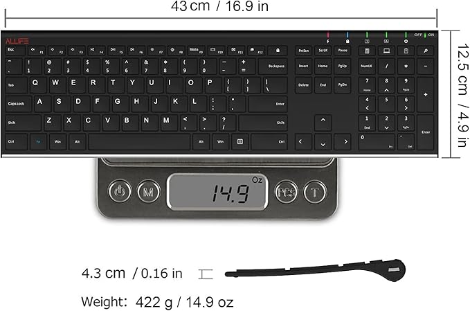 ALLIFE 2.4G Wireless Keyboard Stainless Steel Ultra Slim Full Size Keyboard with Numeric Keypad for Computer/Desktop/PC/Laptop/Surface/Smart TV and Windows 10/8/ 7 Built in Rechargeable Battery