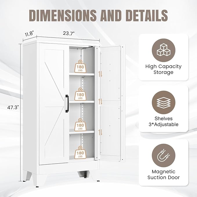 Yizosh Metal Storage Cabinet with 2 Doors and 3 Adjustable Shelves - 47" White Kitchen Pantry Storage Cabinet Locker for Kitchen,Living Room,Dining Room