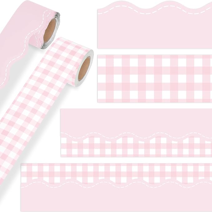 2 Rolls 65.6ft Pink Gingham Bulletin Board Borders Decoration Pink Checkered and Straight Edge Bulletin Borders Board Trim for Office School Classroom Chalkboard Party Decoration