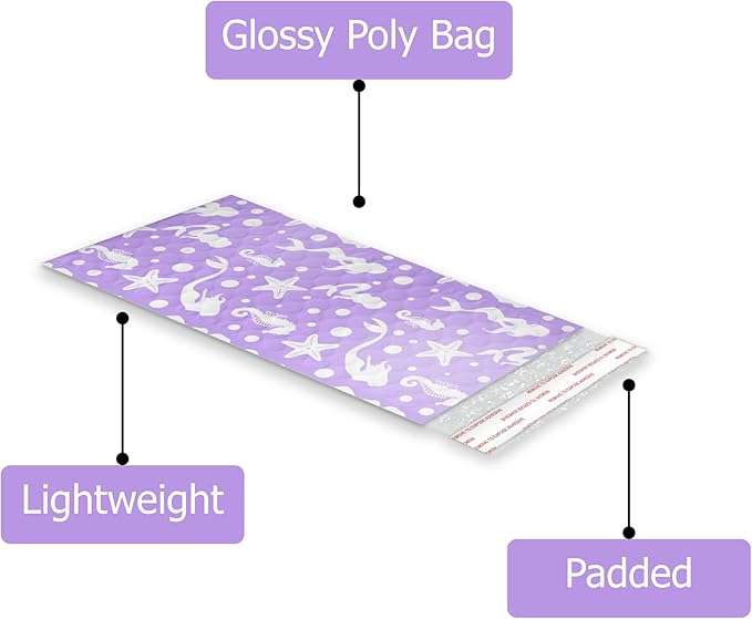 4x8 (20pcs) Purple Mermaids Designer Self Seal Poly Bubble Mailers Shipping Envelopes Padded Bags