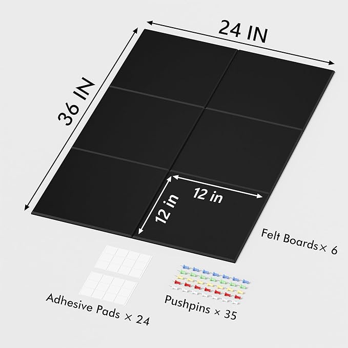 Large Cork Board for Wall, Black Felt Bulletin Board with Pushpins, 36" x 24" 6 Panels Wall Tiles, Tack Push Pin Boards for Office