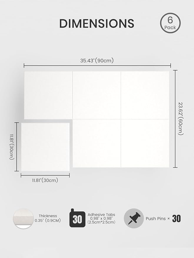 Bumusty 36"x 24" Large Felt Bulletin Board Tiles, Milky White | 6-Pack Cork Board Alternative, Wall Decor, 30 Pushpins, 30 Adhesive Tabs, Vision Board, Office, Classroom, Home, Dorm