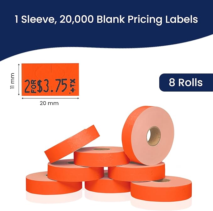Perco Fluorescent Red Pricing Labels for Monarch 1131 Price Gun - 1 Sleeve, 8 Rolls, 20,000 Price Marking Labels - with Ink Roll Included