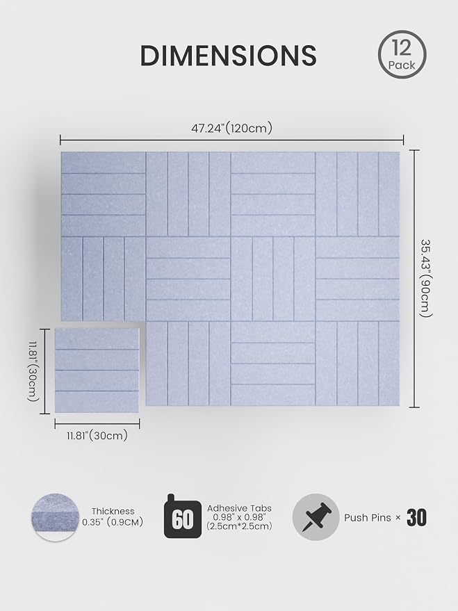Bumusty 48" x 36" Large Cork Board Alternative, Soft Periwinkle | 12-Pack Felt Bulletin Board Tiles, 60 Adhesive Tabs, 30 Pushpins, Home, Office, Classroom, Vision Board