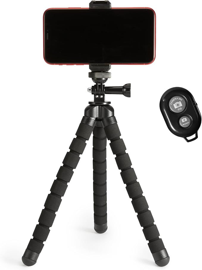 Amazon Basics Portable and Flexible Tripod with Wireless Remote and Smartphone Clamp, 10-inch, Black