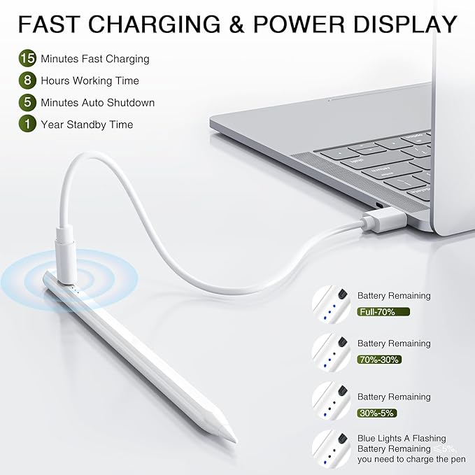 Stylus Pen for iPad 2018-2025, 15 Mins Fast Charging Pencil (1st Generation) with Plam Rejection & Tilt Magnetic Digital Pens for iPad 6-9/10/11, Air 3/4/5/M2/M3, Mini 5/6/7, Pro 11/12.9/M4/M5