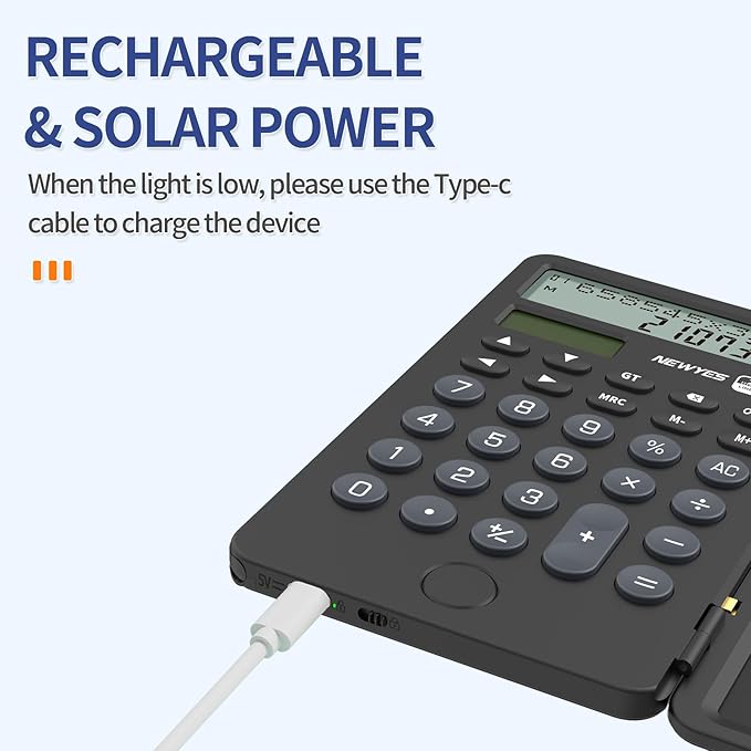 NEWYES Portable Calculator with Notepad, 2-Line 12-Digits Large Display, Rechargeable Solar Power Desk Calculator for Office School Students (Black)