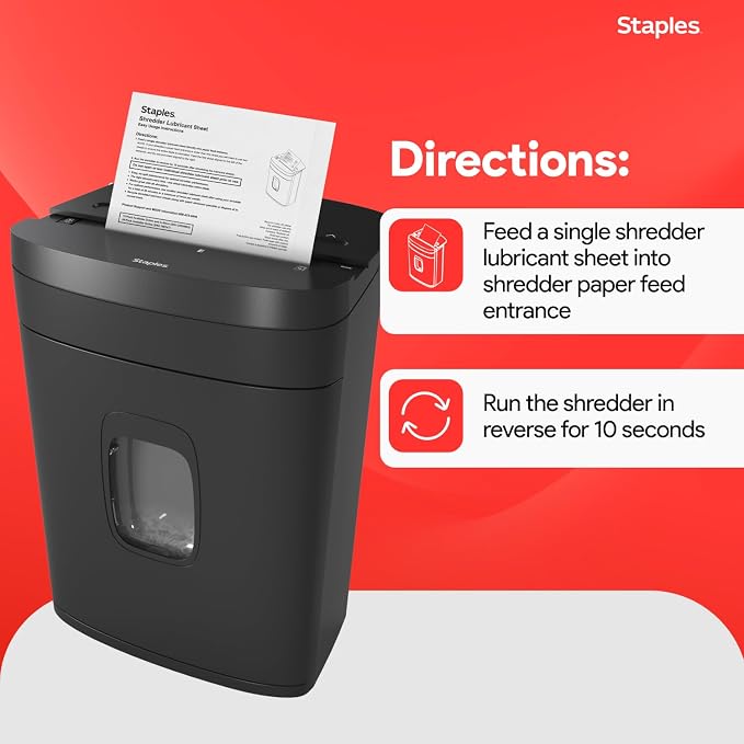 Staples Shredder Lubricant Sheets, Reduces Friction & Noise, 24-Pack | Keeps shredder blades sharp and running smoothly for longer machine life.