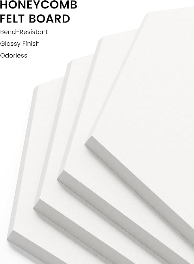 Fluxynara 12-Pack Hexagon Felt Bulletin Board Tiles, Milky White-1 | Cork Board Alternative with 60 Adhesive Tabs for Notes, Photos and Reminders in Home Offices, Dorm and Classrooms