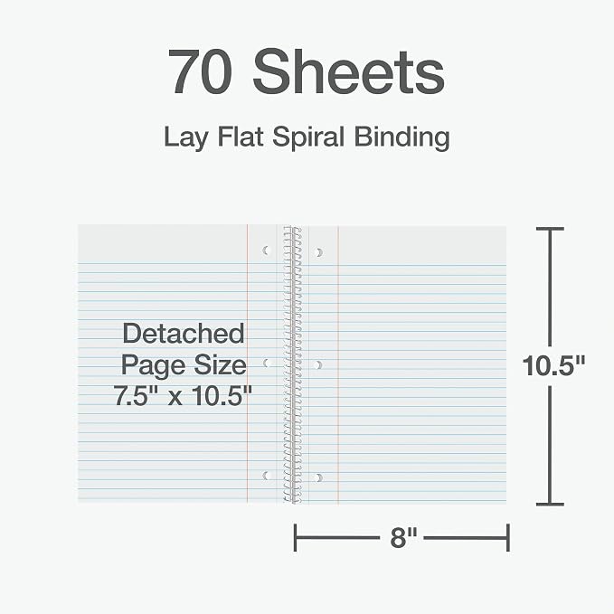 Oxford Spiral Notebooks, 2 Pack, 1 Subject, Wide Ruled Notebooks for School, 8 x 10.5 Inches, 70 Sheets, Assorted Colors, Back to School Supplies (1002539)