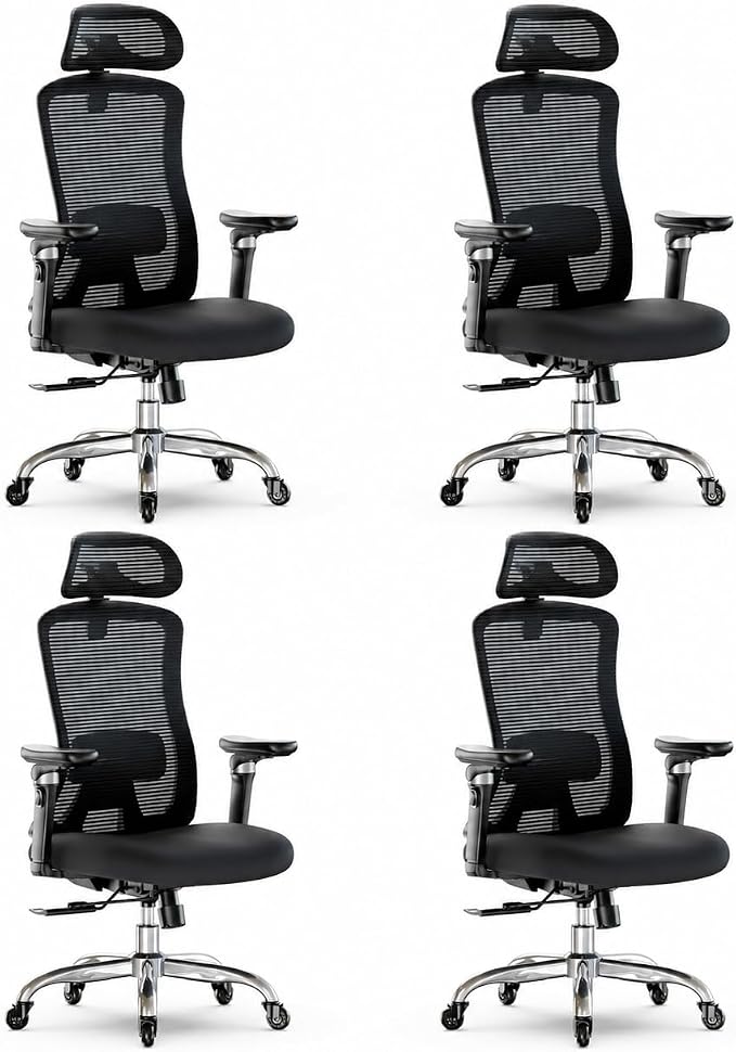 Marsail Ergonomic Office Chair with 6D Armrests, 3D Adjustable Headrest, Slide Seat, Lumbar Support, and 4-Position Tilt Lock – Big and Tall Office Chair with 330 lbs Capacity, Pack of 4