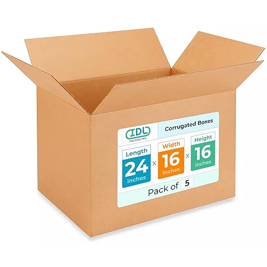 Extra Large Shipping & Moving Boxes 24 x 16 x 16 inches (5-Pack) - Extra Strength 200 lb vs Regular - Corrugated Strong Packing Boxes for Moving - Large Cardboard Box by IDL Packaging | Extra Strength 200 lb vs Regular - Corrugated Strong Packing Boxes...