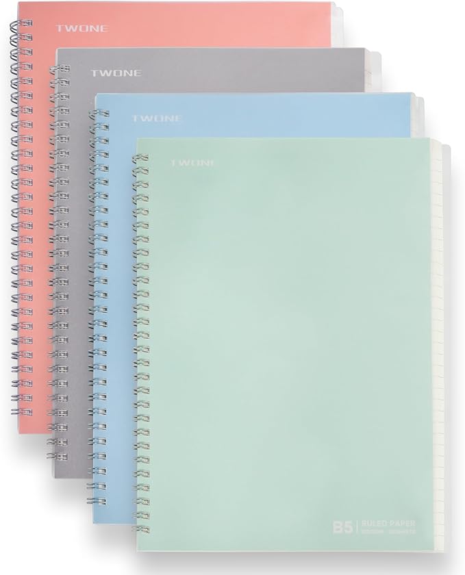 TWONE 4 Pack Spiral Notebook, 7"x10", 140 Ruled Pages, Waterproof Frosted PP Cover, Ideal for School, Office, and Personal Use