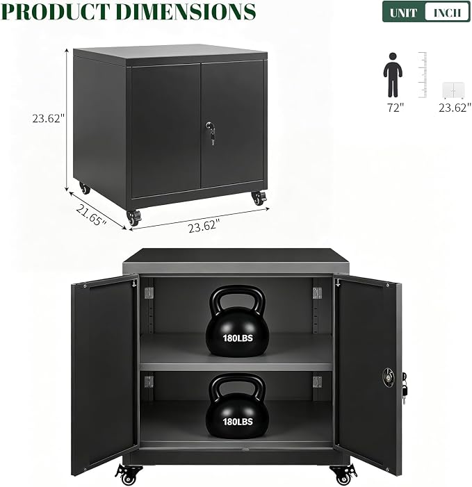 23.6"H Locking Printer Cabinet with Storage & Adjustable Shelf | Large Metal Rolling Printer Stand, Steel Printer Cart for Home Office, Workspace Organization & Office Supplies, White