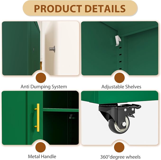 36" Metal File Garage Storage Cabinet with Lock and Wheels,Rolling Steel Locker Organizer,Office File Cabinet with 2 Doors and 2 Adjustable Shelves,Tool Cabinets for Home Office,Gym,School (Green)