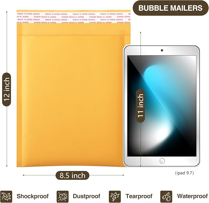 UCGOU Kraft Bubble Mailers 8.5x12" 25 Pack Usable Size 8.5x11" Yellow #2 | Self Seal Waterproof Padded Envelopes,Tear Resistant Medium Bubble Mailer Shipping Bags for Jewelry Makeup Small Business