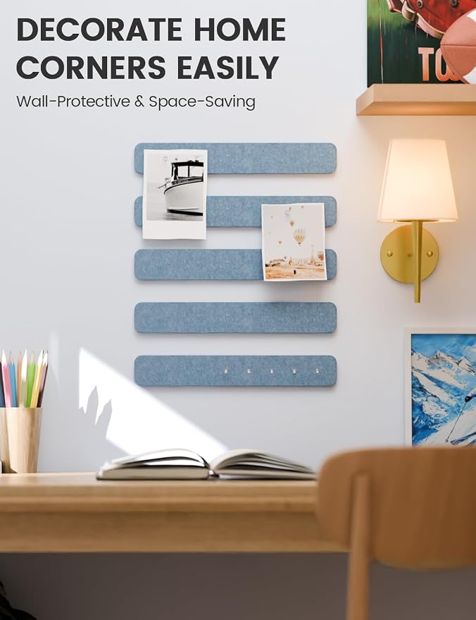 Fluxynara 13" x 2" Felt Wall Panels, Dusty Blue | 5-Pack Includes 35 Push Pins and Adhesive Tabs for Photos, Notes and Decor in Bedroom Doors, Home Office or Studios