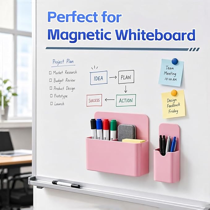 Magnetic Pen Holder, 2 Pack Magnetic Dry Erase Marker Holder with Compartments, Magnetic Marker Holder Pen Pencil Organizer for Whiteboard, Refrigerator, Classroom, Locker Accessories, Light Pink