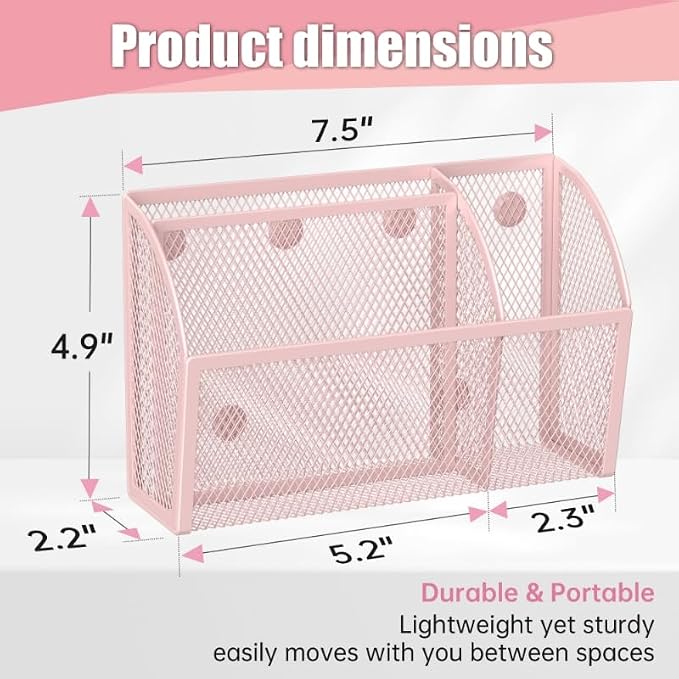 YINGHUA 3 Compartment Magnetic Metal Mesh Pen Holder, Pink Desk Caddy | Perfect magnetic organizer for locker, whiteboard, refrigerator, or office. Easily holds pens and accessories