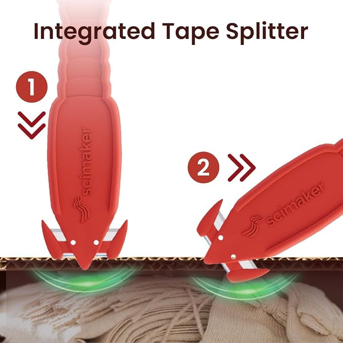 Safety Box Cutter Knife, Recessed SK-2 Blade, 6-Pack Red | Mini package opener tool, finger-safe hidden knife, built-in tape splitter for cardboard & shrink wrap, ambidextrous grip.