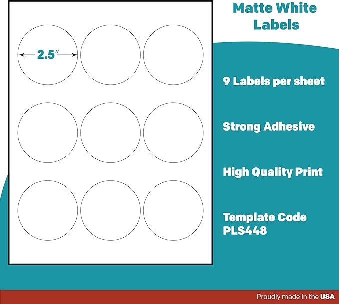 Premium Label Supply White Sticker Round Labels – 2.5" Circle – Laser/Inkjet Compatible – (9 per Sheet), 500 Sheets – 4,500 Total Adhesive Labels
