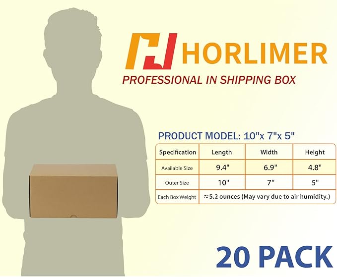 HORLIMER 10x7x5 inches Shipping Boxes Set of 20, Brown Corrugated Cardboard Box Literature Mailer