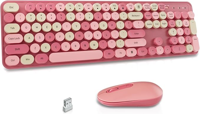 Wireless Keyboard and Mouse, Full-Sized Typewriter Keyboard Silent, Pink | USB Full-Sized Quiet Keyboard, Cute Colorful Round Keycaps, Plug & Play, Compatible with PC, Computer, Laptop