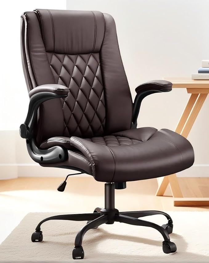 Marsail Executive Office Chair Ergonomic Desk Chair with Flip-up Armrests PU Leather Height-Adjustable Swivel Rolling Brown