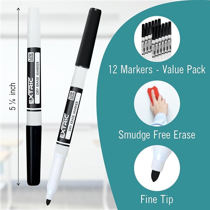 EXTRIC Black Dry Erase Markers Fine Tip 36 PK Whiteboard Markers | Use: School, Classrooms, Offices, Color: Vivid Black Ink, Tip Style: Fine Tip, Feature: Low-Odor and Non-Toxic