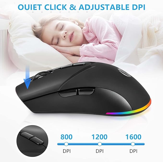 Wireless Bluetooth Mouse, Rechargeable USB Optical Mouse, 3 Adjustable DPI, LED Silent Dual Mode(Bluetooth 5.2 and 2.4G) Wireless Mouse for Laptop, PC, Mac，Ipad，Wide Compatibility. (Black)