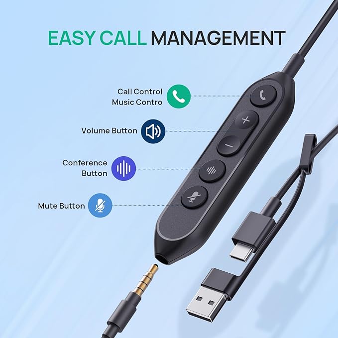 Yealink UH42 SE Wired Headset with Mic, USB-A/C & 3.5MM Single Computer Headsets with Noise Cancelling Microphone for PC, Laptop, Phone, 7ft Cable in-Line Control Headphones Work with Teams, Zoom, UC