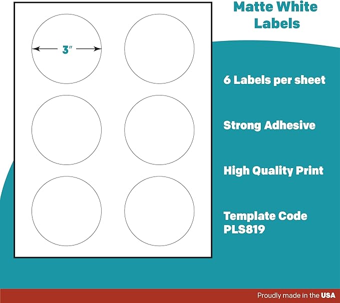 Premium Label Supply White Sticker Round Labels with Bleed – 3" Circle – Laser/Inkjet Compatible – (6 per Sheet), 500 Sheets – 3,000 Total Adhesive Labels