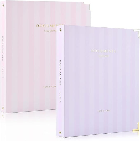 Aesthetic 3 Ring Binder Set of 2 - Sturdy 1 Inch Binder Fits Letter Sized Paper - Striped Three Hole Ring Holder for Women or Men with Pocket Easily Organizes Your Paperwork for School, Office or Work