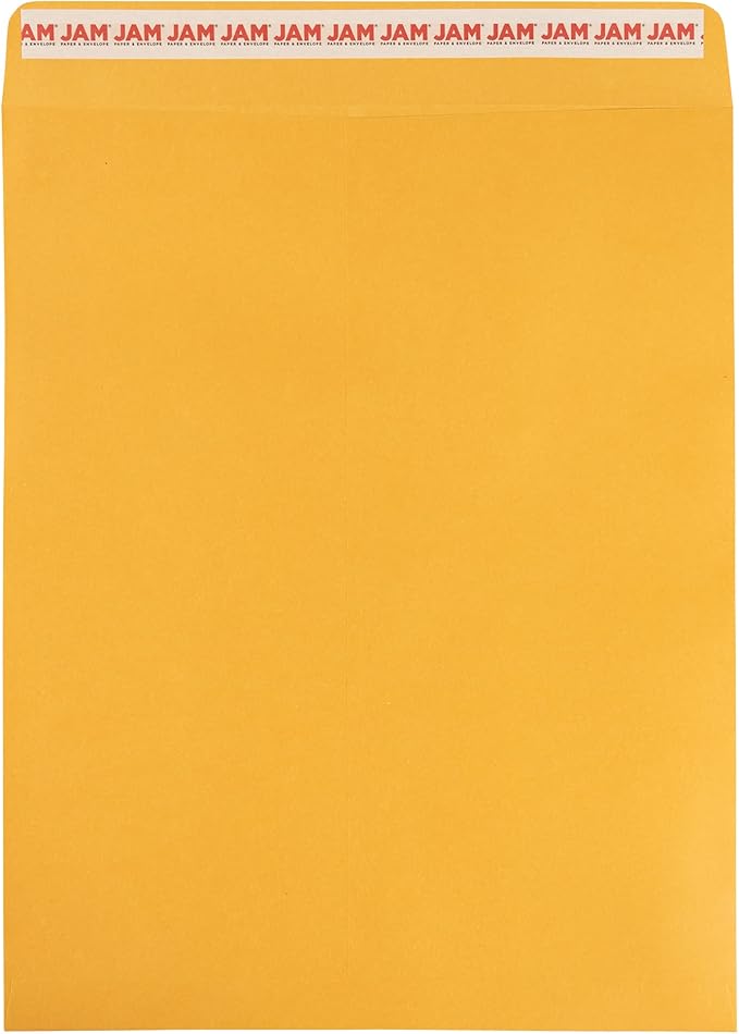 JAM PAPER 11 1/2 x 14 1/2 Open End Catalog Commercial Envelopes with Peel and Seal Closure - Brown Kraft Manila - 100/Pack