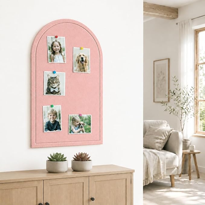 Large Arched Felt Bulletin Board, Sized 36" x 24" for Office & Wall Decor – 6 Customizable Adhesive Tiles with Pins are Perfect to Display Your Photos (Pink-B)