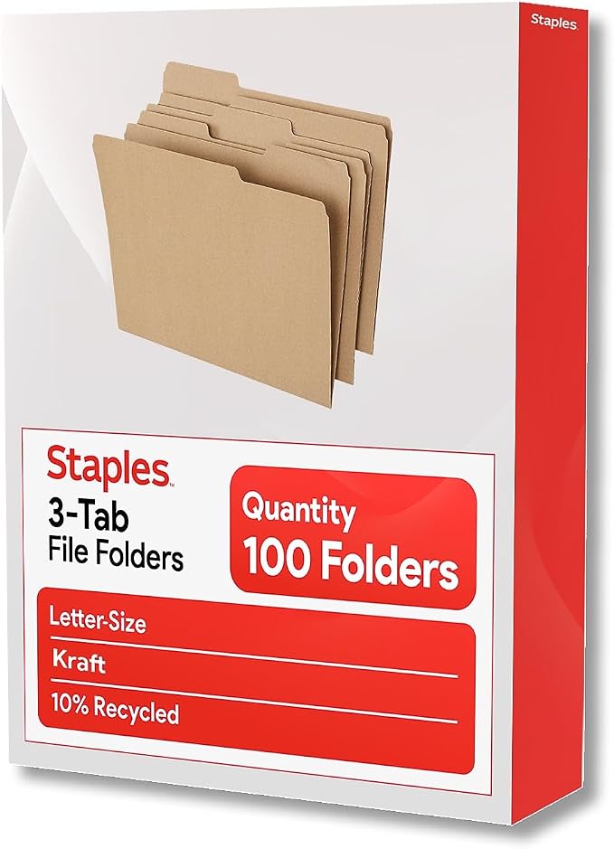 Staples Colored File Folders, Letter Size, 3-Tab, Kraft, 100/Pack | Durable paper stock for everyday office document organization and filing.