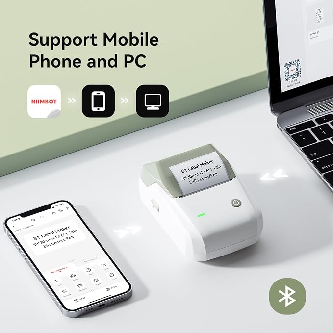 NIIMBOT B1 Label Maker Machine with Tape for Home and School, Green White | 2 Inch Portable Label Printer Bluetooth Thermal Sticker Printer for Small Business Labeling, Compatible with Phones & PC