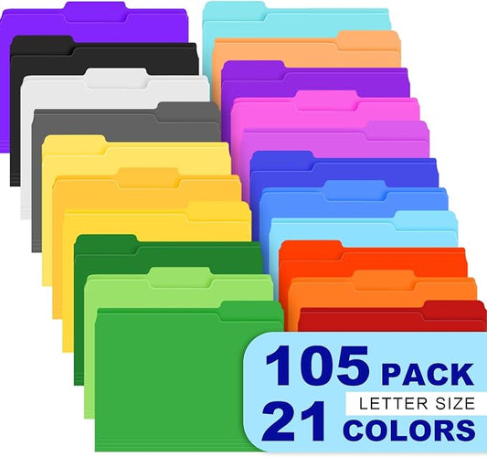TUXIYA 105 Pack Colored File Folders,21 Colors File Folders Letter Size | Manilla Folders 8.5 x 11,1/3 Cut Tab Filing Folders for Office School Business Documents Files Paper