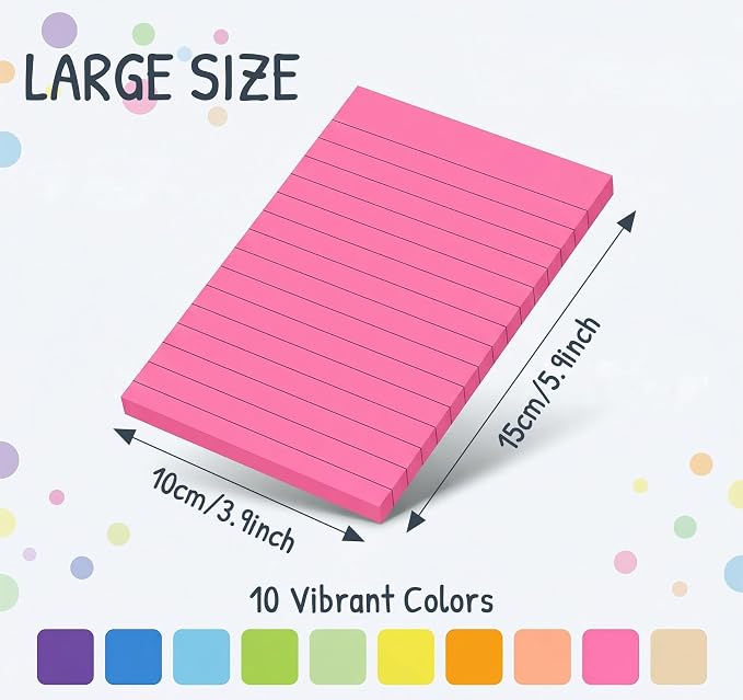 Lined Sticky Notes 4x6 in,500 Sheets 2X Sticking Powerx for Home,School | 50 Sheets/10 Pack Bright Large Ruled Post,Clean Removal,Self Sticky Super Memo Pads for Enterprise,Office & Corporate to Bulk