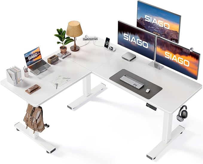 SIAGO 63x55 Inch L-Shaped Standing Desk with Charging Station Corner Desk | Adjustable L Shape Corner Computer Desk with Memory Controller, Splice Board Ergonomic Sit Stand Workstation for Home Office
